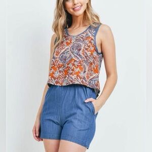 mo:vint Paisley Linen Blend Romper Blue Orange Sleeveless Boho Size Small 💙